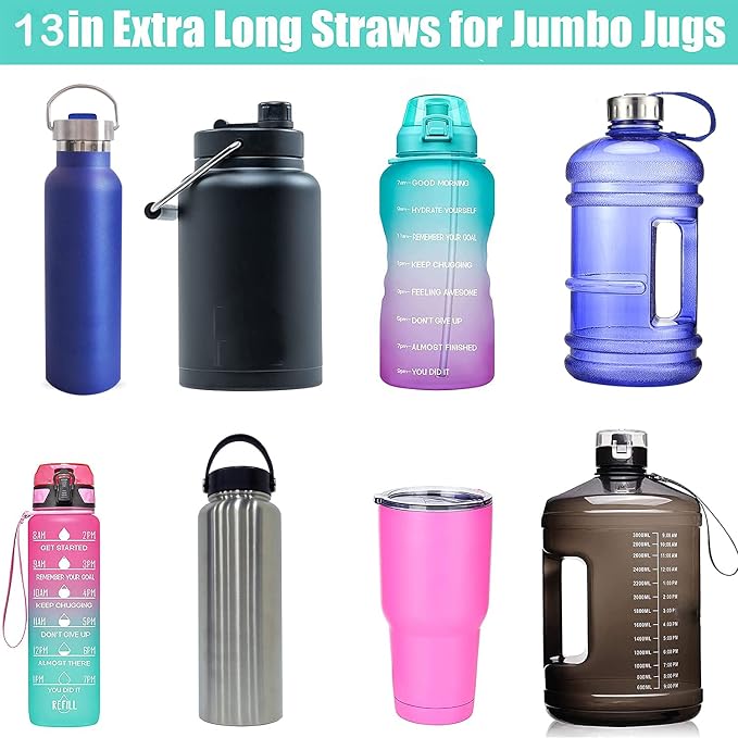 Dakoufish 13 Inch Reusable Clear Plastic Straws Extra Long for 32 OZ-100 OZ Tall Water Bottle Mug Tumblers Rambler Mason Jar 12packs with One Brush (13inch,Clear)