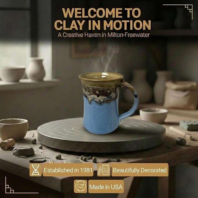 Clay in Motion Handmade Ceramic Mug 24 oz, Large Coffee Mug, Hand Painted Stoneware, Dishwasher Microwave & Oven Safe, Lead-Free, Made in USA Since 1981 (Sandy Beach)
