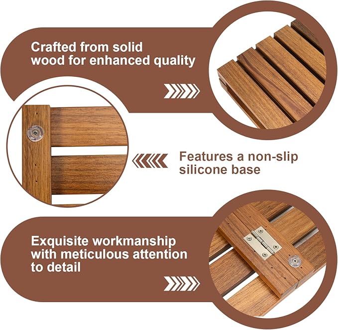 Wood Shower Bath Mat - Foldable Wooden Bathroom Mat, Bamboo Teak Acacia Floor Mat Rugs for Inside Shower Platform Outdoor Indoor