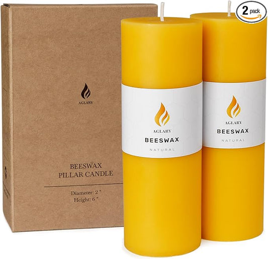 AGLARY2PCS Pure Beeswax Pillar Candles, 2-Inch Diameter x 6-Inch Height, Natural Unbleached Beeswax, Unscented, Durable & Safe for Home Decor