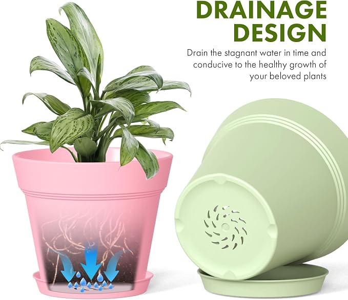 WSMKSZ 6 Inch Thick Plastic Plant Pots with Drainage Holes and Trays – 6 Pack Nursery Pots for Indoor & Outdoor House Plants, Seedling Starter Planters for Garden Flowers, Colorful