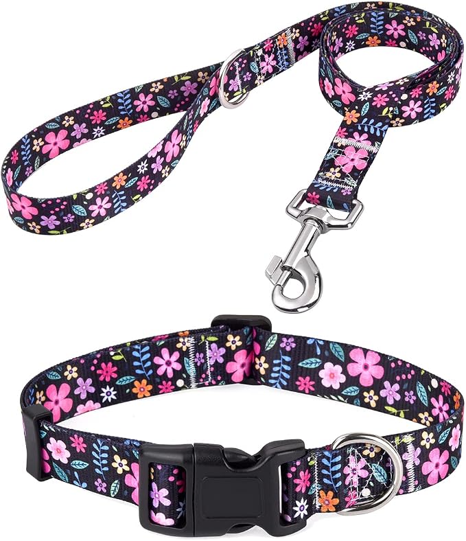 Mihqy Dog Collar and Leash Set with Bohemia Floral Tribal Geometric Patterns - Soft Ethnic Style Collar Adjustable for Small Medium Large Dogs(Floral Set,S)