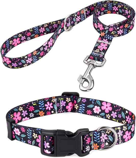 Mihqy Dog Collar and Leash Set with Bohemia Floral Tribal Geometric Patterns - Soft Ethnic Style Collar Adjustable for Small Medium Large Dogs(Floral Set,S)