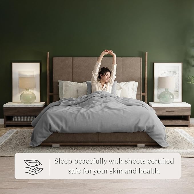Delilah Home 100% Organic Cotton King Flat Sheet Set, GOTS & Vegan.org Verified, Long Stem 300 TC Sateen Bedding, Non-Synthetic, Deep Pocket Fitted Linen, Lightweight, All-Season, 4 Piece Set - Grey
