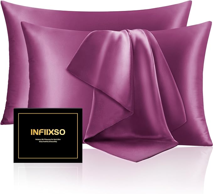 INFIIXSO Mulberry Silk Pillow Cases King Size Set of 2, Silk Pillowcase with Hidden Zipper 20"x36", Extraordinary Smooth and Soft Pillow Case for Hair and Skin(Purple, 2 Pack)