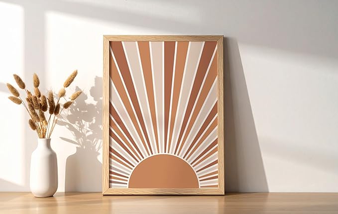 Y2K BOO Boho Rising Sun UNFRAMED Wall Art Sunburst Rays Earth Tones Terracotta Mid Century Modern 8x10 Inch Heavyweight Paper Minimalist Aesthetic Decor