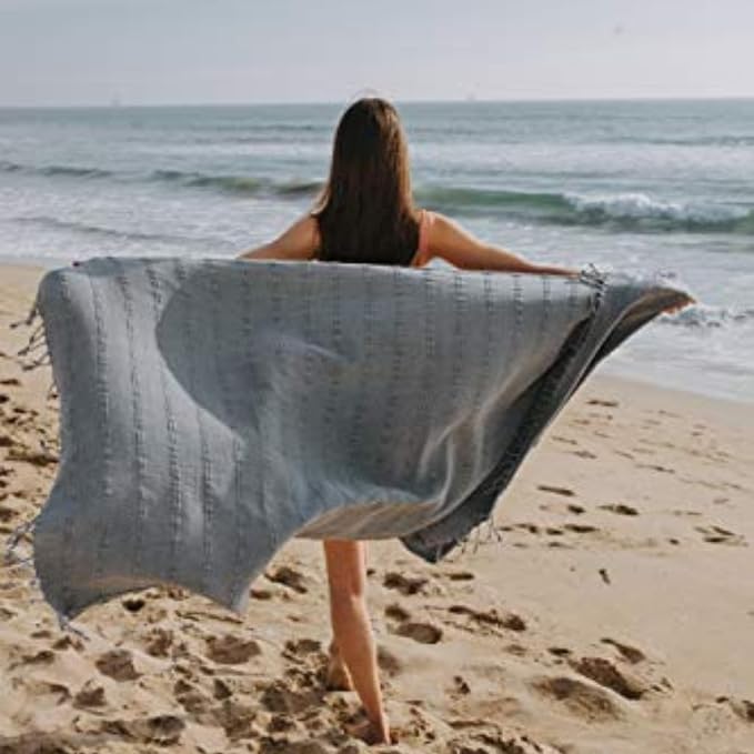 InfuseZen Stonewashed Turkish Cotton Bath and Beach Towel - Denim Blue/Grey | 100% Organic, Thin, Soft, Lightweight, Absorbent, Quick-Drying, Large Peshtemal, Sand-Resistant for Shower, Pool, Spa, Travel