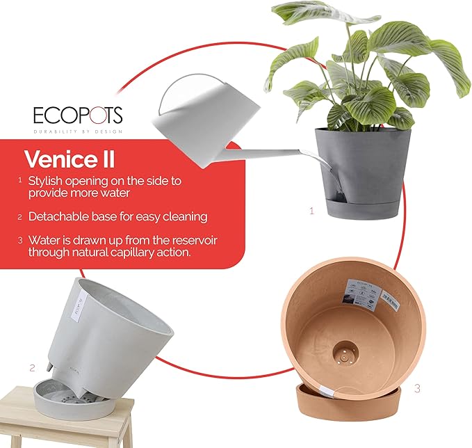 Ecopots Venice 2 Durable Modern Round Indoor/Outdoor Recycled-Based Composite Flower Pot Planter w/Water Reservoir, Taupe, 12"