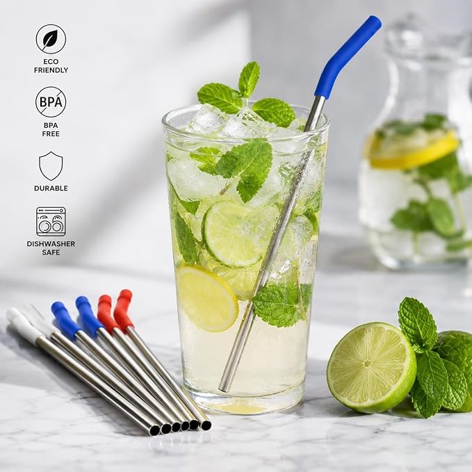 Reusable Stainless Steel Straws with Silicone Tips, Set of 8, BPA-Free, Dishwasher Safe, with Cleaning Brush