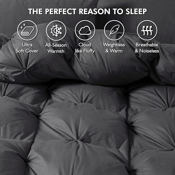 Luxurious Palatial King/Super King Goose Down Comforter, 120 X 90 inches, Unique Gray Pinch Pleat, 600 Thread Count, 100% Egyptian Cotton Cover, 85 Oz Fill Weight, 750 Fill Power