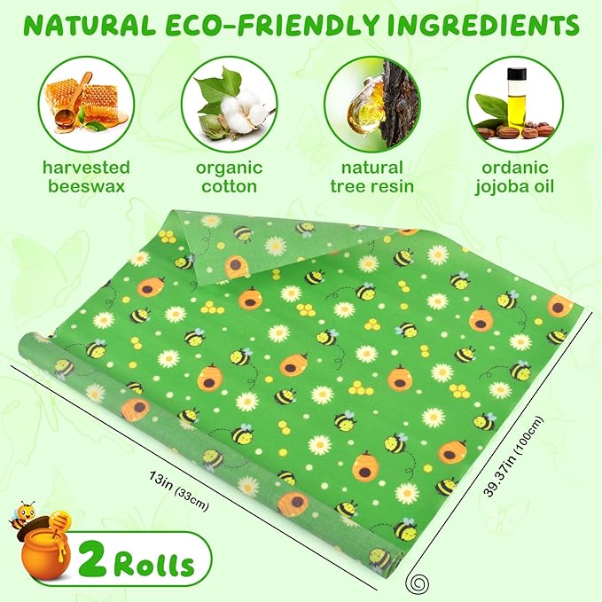 Beeswax Food Wraps 2 Roll 13 x 39 Inch Reusable Beeswax Wraps Eco-Friendly Sustainable Food Storage Wraps for Sandwich, Cheese, Fruit, Bread, Snacks