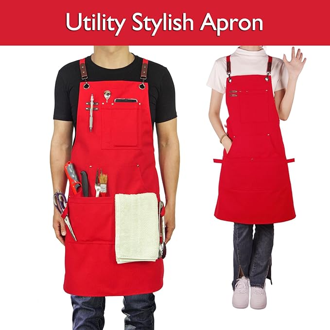 10 Pack Kitchen Aprons, Work Apron, Canvas, Multiple Pockets, Gardening, Painting, BBQ, Artist, Carpenter, Sizes M to XXL, Red