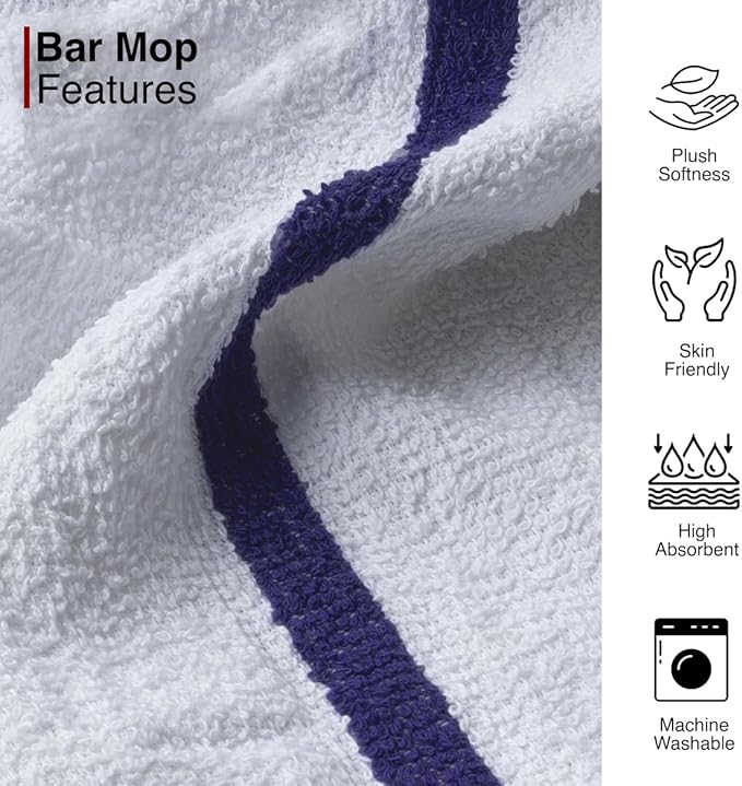 CASA COPENHAGEN Classic Bar Mop Towels - Pack of 12, 10"x10" 100% Cotton, Highly Absorbent & Durable Towels, Multipurpose Kitchen Towels for Home, Bar, Restaurant, Cleaning & More