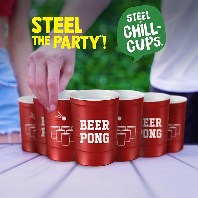 Steel Chill Cups 16 oz. Party Cup 'Beer Pong' Drinking Game Design for Cold Drinks, Sturdy, Durable, Disposable, Recyclable, Made in USA, Red 12 Count