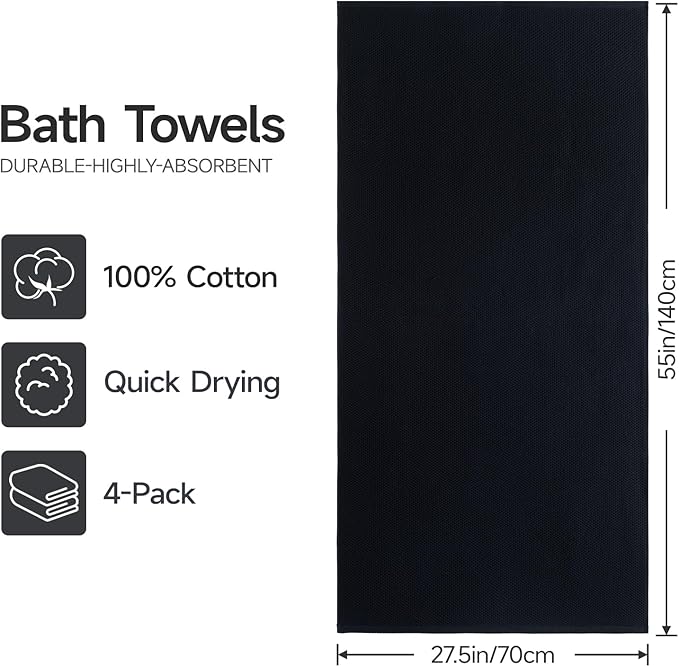 REDKISS 100% Cotton Waffle Weave Bath Towels 4 Piece - 27.5x55 Inches| Lightweight, Quick Dry & Highly Absorbent,Perfect for Spa, Gym, Travel, Guest Bathroom-Black