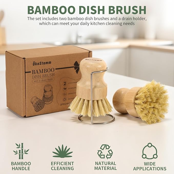 2 Pack Bamboo Dish Brush with Drain Holder - Natural Scrub Brush for Dish with Sisal Bristle, Wooden Dish Scrubber for Kitchen Cleaning Dishes, Pots, Pans and Vegetables