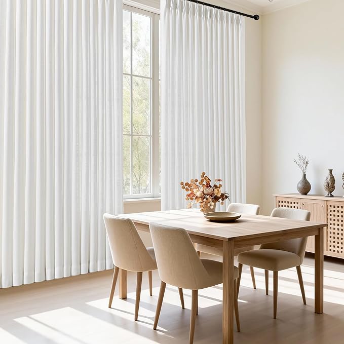 Extra Wide Pinch Pleated Curtains 90 Inches Long for Sliding Glass Door 60 Inch Wide Linen Curtain Memory Trained Pleated Drapes Hooks Rings 60x90 Curtain for Large Window, Snow White, 1 Panel