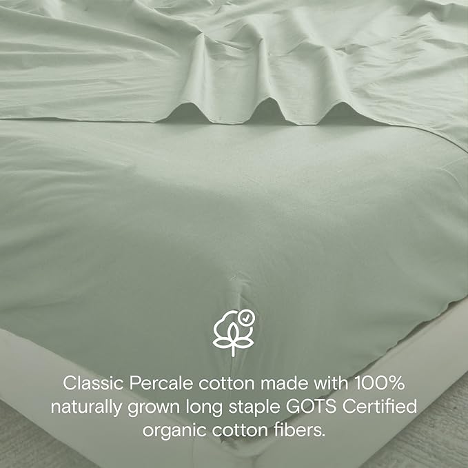 DOZ 100% GOTS Certified Organic Cotton Sheet Set, Crisp Percale Weave, Long Staple, Breathable, Matte Finish, Hotel Style, Durable, 3pc – 2 Pillowcases 1 Fitted (Sage, Queen)