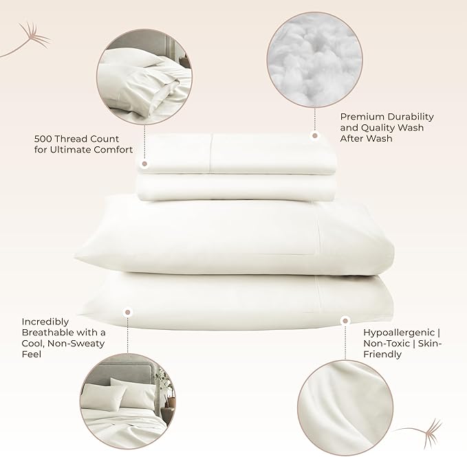 100% Organic Cotton Sheets Full Size - GOTS Certified Organic Bed Sheets with Deep Pocket 500 Thread Count and Cozy Sateen Weave Gets Softer with Each Wash - Luxury 4 Piece Set (Natural, Full)