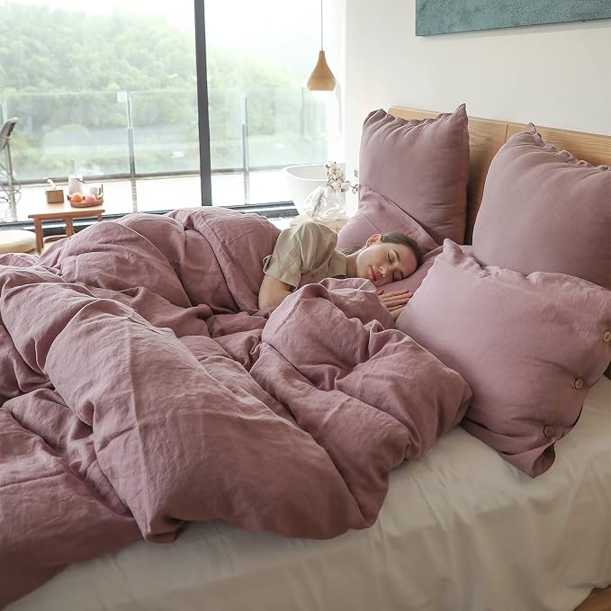 Simple&Opulence 100% Linen Duvet Cover Set 3pcs with Coconut Button Closure Natural French Washed Flax Solid Color Soft Breathable Farmhouse Bedding - Purple, King Size