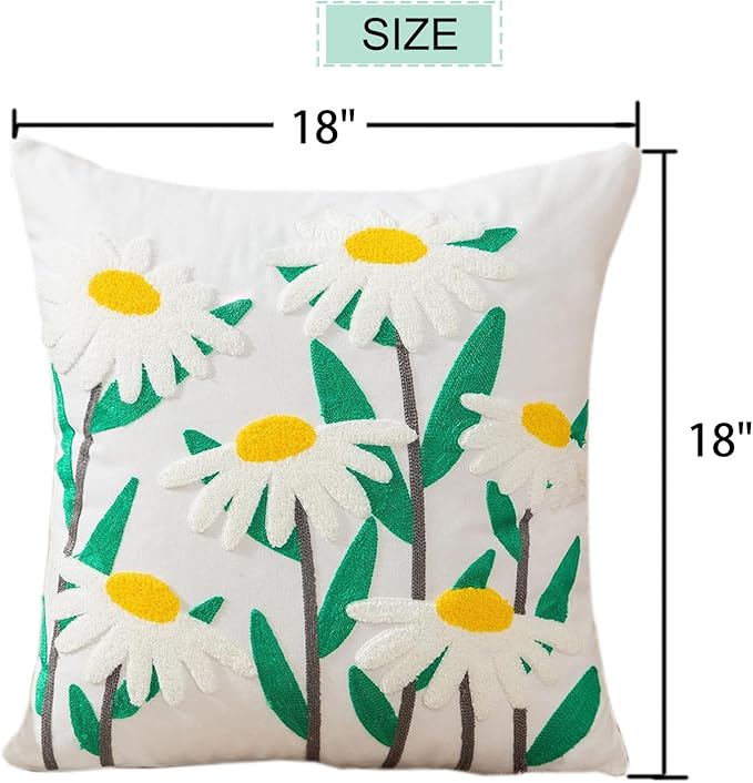 Embroidered Throw Pillow Cover 18x18 Inch,Cotton Canvas Floral Pillow Case, Daisy Wildflower Leaf Boho Farmhouse Decorative Cushion Square for Sofa Bedroom Living Room Outdoor Couch Farmhouse (A009)