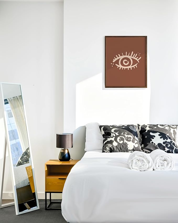Mystical Evil Eye Wall Art Nazar Protection Symbol Earth Tones Terracotta Mid Century Modern 16x20 Inch Oak Wood Walnut Framed Boho Spiritual Decor Print for Home