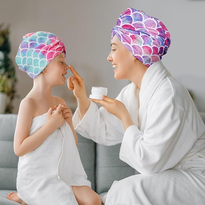 MADHOLLY Fast Drying Microfiber Hair Towel for Kids Women - 3 Packs Soft Super Absorbent Hair Towel Wrap with Button, Anti-Frizz Turban for Thicker Curly Long Hair, Mermaid Gift for Girls