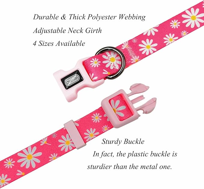 Dog Collar Leash Set, Floral Pattern, Polyester Material, Adjustable Collar and 5ft Matching Leash, for Large Dogs.(L, Pink Daisy)