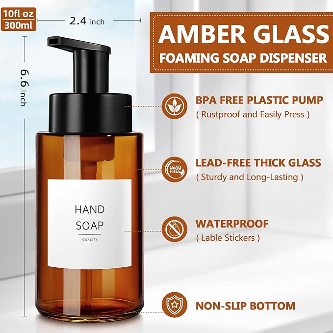 RYTOXILO Amber Foam Soap Dispenser, 10 oz/300ml Glass Foaming Soap Dispenser, 4 Pcs Foaming Hand Dispenser for Bathroom & Kitchen, Refillable Bottle with Waterproof Labels