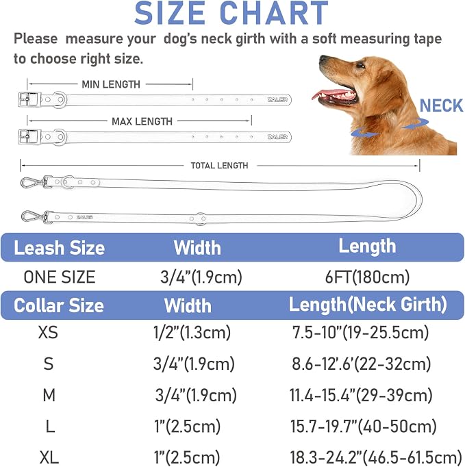 ZALER Dog Collar and Leash Set, Waterproof Adjustable Odor Proof Pet Collars Leashes Easy to Clean, 6FT Dog Leash with 2 Hooks for Large, Medium Small Dogs (M, Blue)