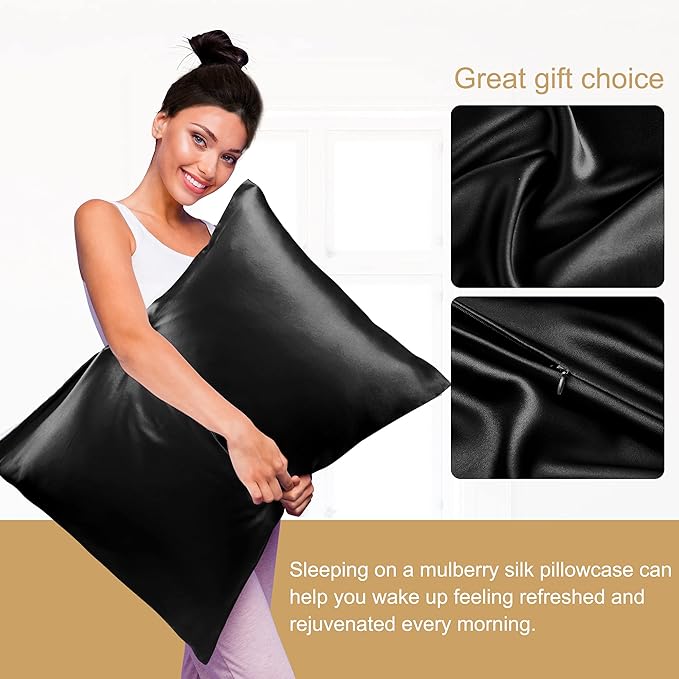 uxcell 1 Pack 100% Charmeuse Pure Silk Pillowcase for Hair and Skin, 350TC 19 Momme Soft Breathable Pillow Case with Hidden Zipper, Black King(20x36inch)