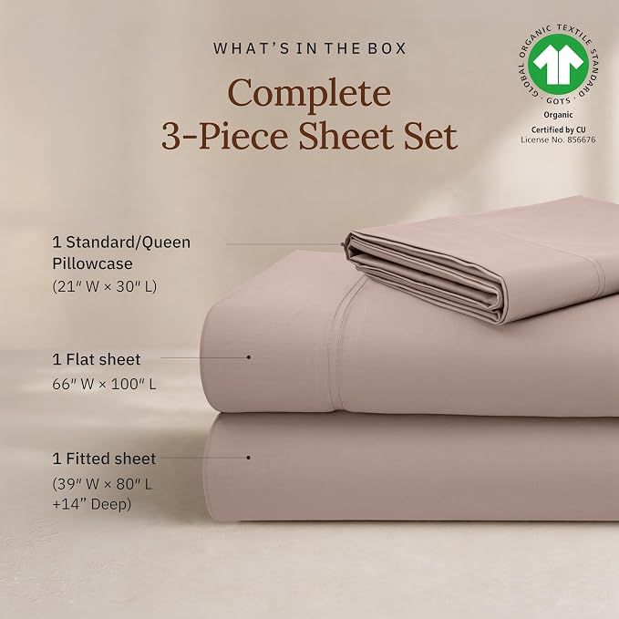 California Design Den Extra Long Twin Sheets Set - 100% Organic Cotton Sheets Twin XL Size, Soft and Lightweight Sateen, Deep Pockets, Durable Bedding - Dusty Rose