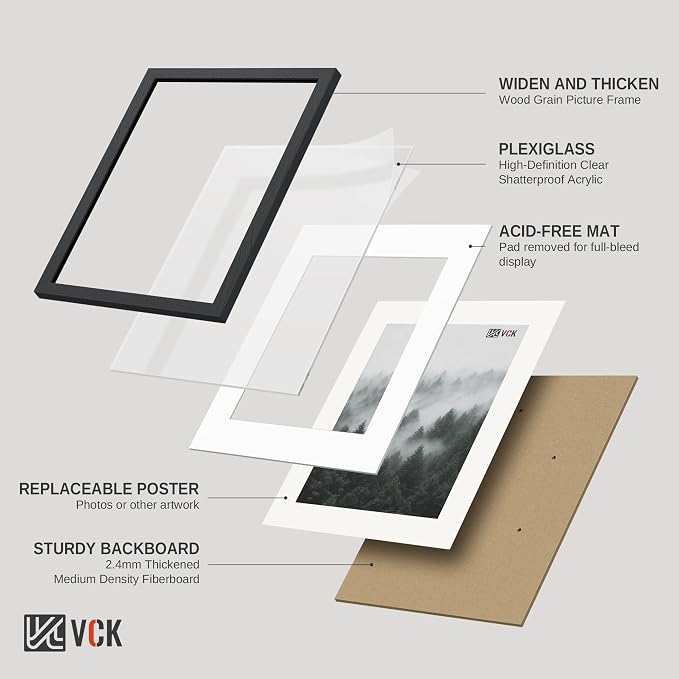 VCK 18x24 Frames Black 3 Pack, Wide Border Solid Wood, Display 16x20 Picture Photo with Mat or 18 x 24 without, for Home, Office, Gallery, Woodgrain Series, Wall Hanging