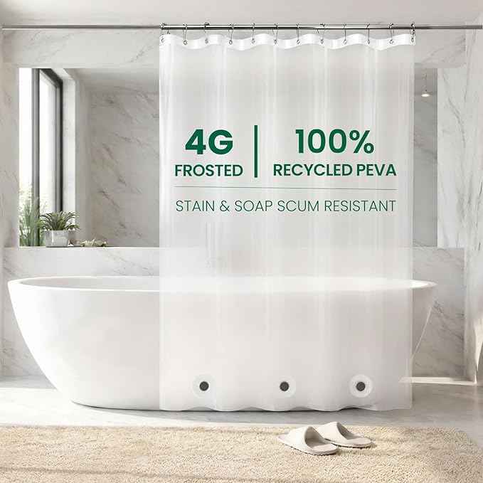 Bowery Home, NOT Made in China, Eco-Friendly Recycled PEVA Shower Curtain Liner – Waterproof, Sustainable, Non-Toxic, Odorless with Rust-Proof Grommets - 72x72in, 4G – Frosted
