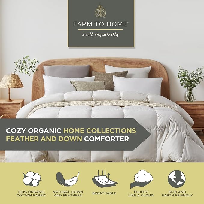 Farm To Home Organic Cotton Feather Down Comforter Twin Size, 100% Organic Cotton Cover, All Seasons Luxury Duvet Insert with Corner Tabs, Cozy HotelCollections White Bedding Comforters, 68"x90"