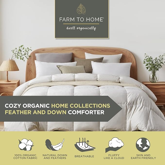 Farm To Home Organic Cotton Feather Down Comforter King Size, 100% Organic Cotton Cover, All Seasons Luxury Duvet Insert with Corner Tabs, Cozy Hotel Collections White Bedding Comforters, 106"x90"