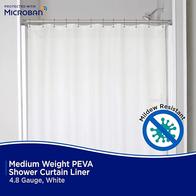Kenney - Microban PEVA Shower Curtain Liner, Waterproof Medium-Weight 4.8 Gauge Design with Rust-Resistant Metal Grommets and Weighted Magnetic Hem, 70" x 72", Frosted
