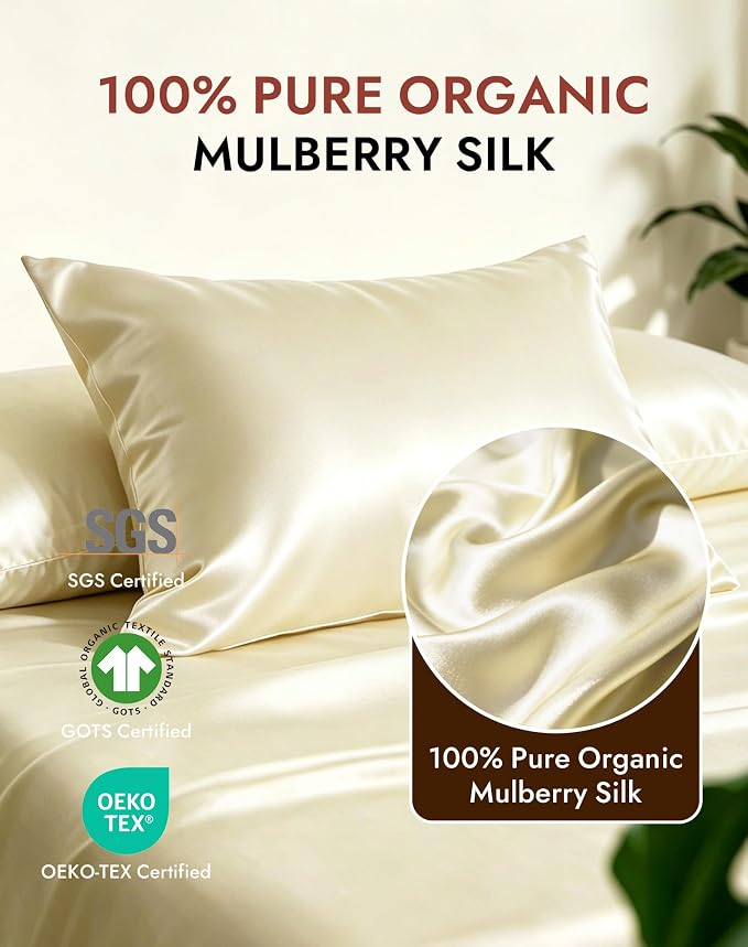 SilkSilky Luxury 30 Momme 100% Pure Organic Mulberry Silk Pillowcase for Hair & Skin, Grade 6A+ Silk Pillow Cases with Hidden Zipper, Cooling Silk for Deep Sleep (King 20''x36'', Ivory)