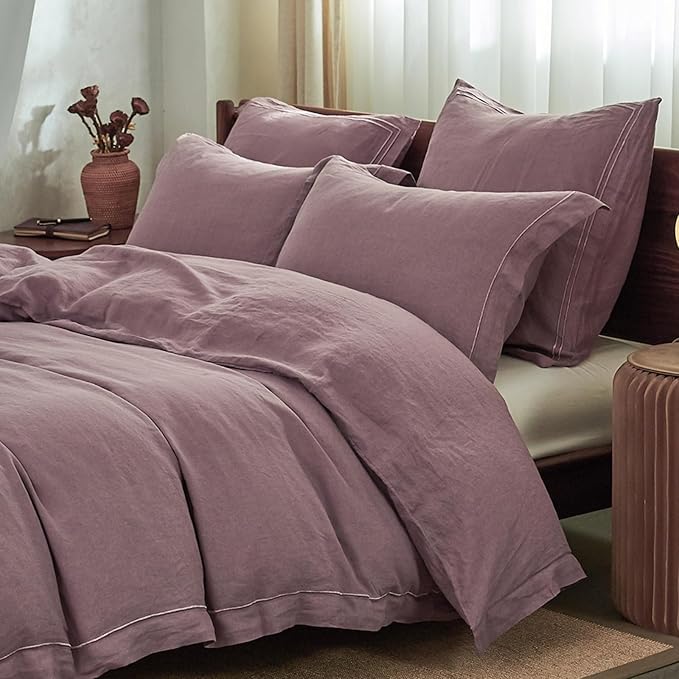 Simple&Opulence 100% Washed Linen Duvet Cover with Embroidered, 3 Pieces Soft Farmhouse Comforter Set with Button Closure,1 Duvet Cover and 2 Pillowshams(Queen,Purple)