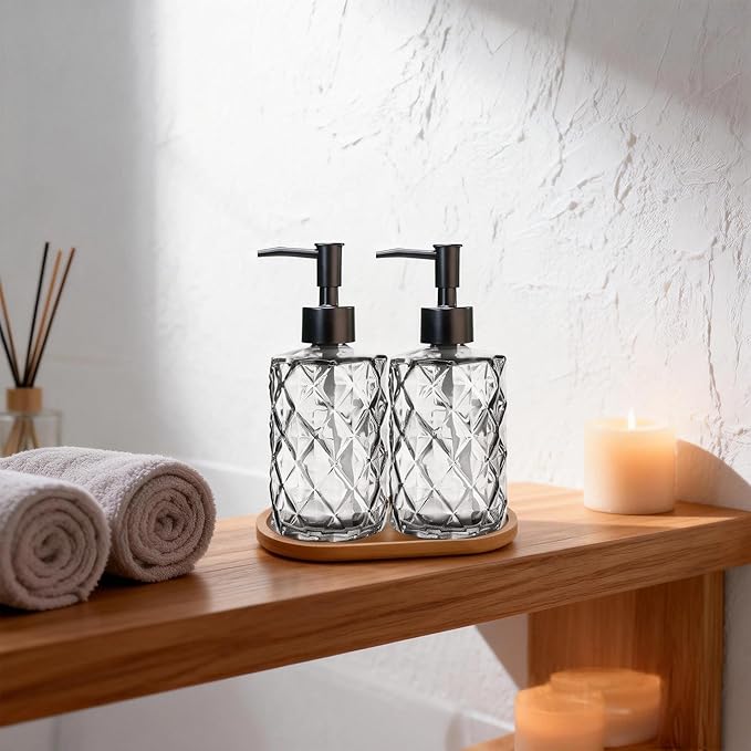 Glass Hand and Dish Soap Dispenser Set of 2 with Plastic Pumps, Bamboo Tray, 12oz Clear Bathroom Soap Dispenser with Diamond for Hand Wash & Dish Wash, Ideal for Bathroom Kitchen Countertop