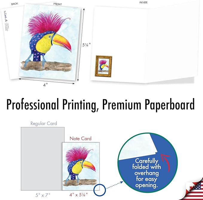 The Best Card Company 20 Assorted Blank Notecards Bulk Box Set 4 x 5.12 Inch with Envelopes (10 Designs, 2 Each) Funky Birds AM11015OCB-B2x10