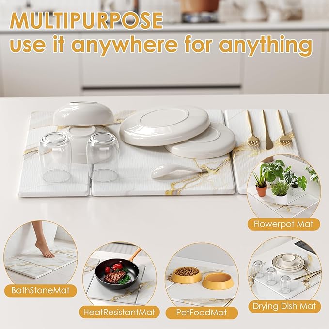 3 PCS Large Stone Dish Drying Mat for Kitchen Counter -24"x16" Absorbent Diatomaceous Earth Mat with Stone Faucet Mat & Soap Tray - Quick Dry, Collapsible, Non-Slip Countertop Organizer