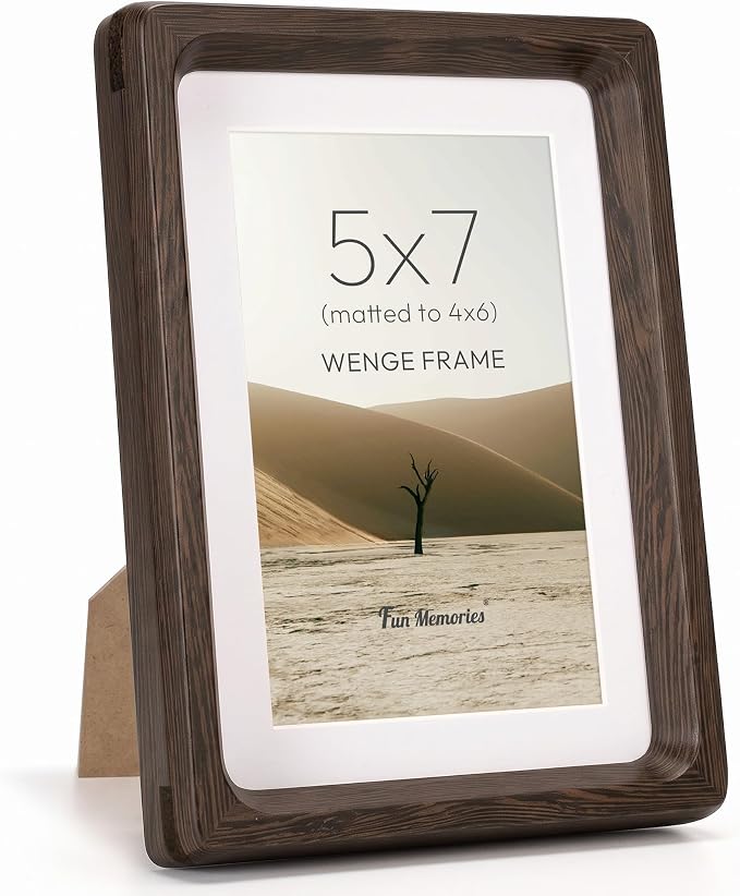 Fun Memories 5x7 Picture Frame, Natural Wenge Wood Photo Frames with HD Tempered Glass, Handcrafted Rounded Corner 5 x 7 Wooden Frames Matted to 4x6 Photos, 5x7 Frame, Tabletop or Wall Display