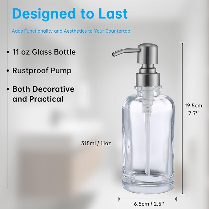 Clear Glass Soap Dispenser with Brushed Nickel Pump 2 Pack, 2 X 11 OZ Liquid Soap Dispenser Cylindrical with Stainless Steel Pump for Dish Hand Soap Bathroom Kitchen Vanity Countertop
