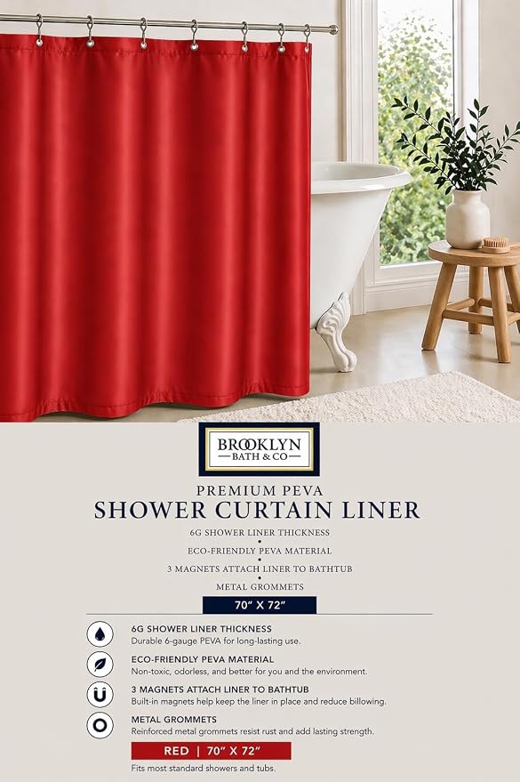 Home Expressions 6 Gauge PEVA Liner Magnetic Shower Curtain Liner 70"x72" (Red)