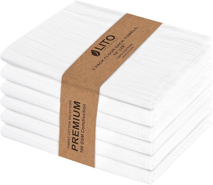 Flour Sack Towels - 100% Cotton Tea Towels for Crafts, Dish Towels for Kitchen, Embroidery, Cleaning, Baking (Pack of 6) - 18"x 28" | Tea Towels for Baking sourdough | Tortilla Towel