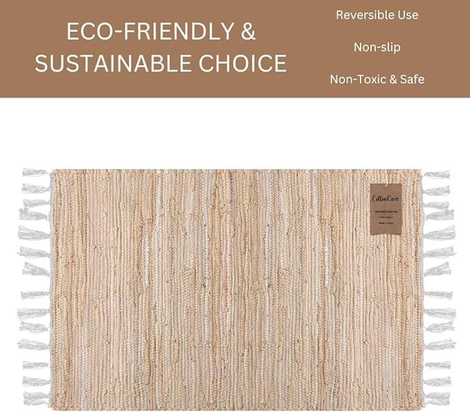 Cotton Chindi Rug - Boho Rustic Area Accent Throw Rug - Area Floor Carpet for Bedroom Living Room Kitchen Dorm Entryway Hallway - 20x32 inch Hand Woven Reversible Area Rug Beige Multi