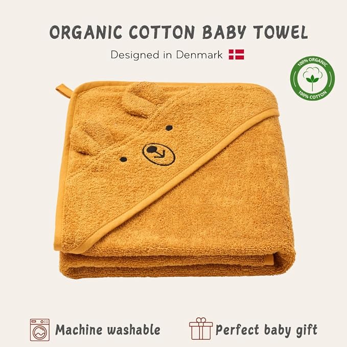 Hooded Baby Towel – 100% Organic Cotton Baby Bath Towels – Baby Boy and Girl Newborn Essentials - Super-Soft and Absorbent. (Bear - Autum Yellov)