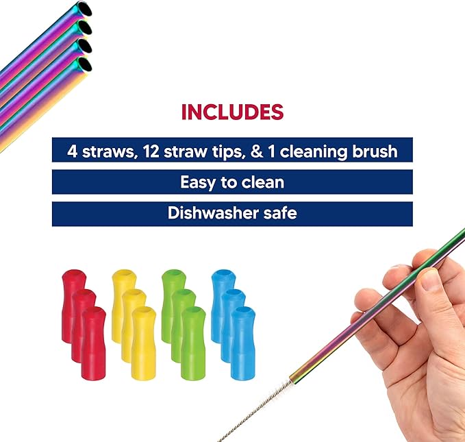 HIC Kitchen Reusable Rainbow Drinking Straws and Straw Tips, 18/8 Stainless Steel and Silicone, Includes Cleaning Brush