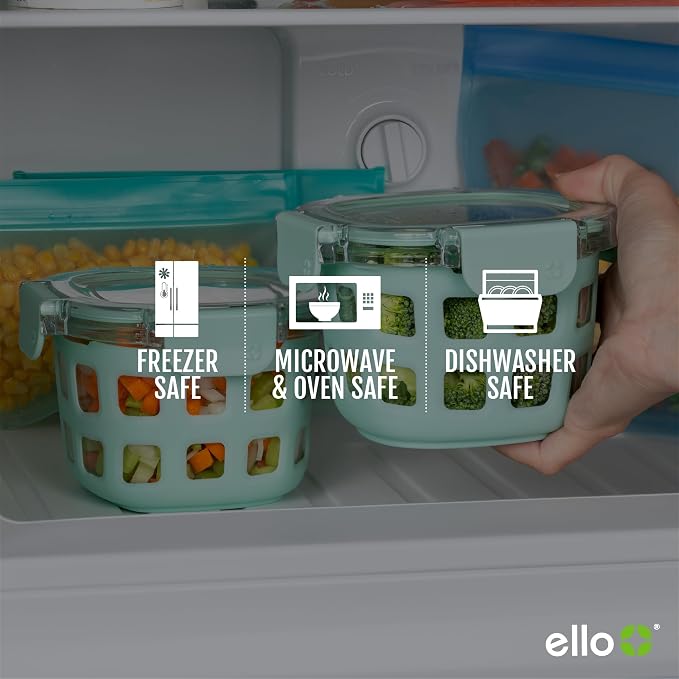 Ello Duraglass 2-Pack 2 Cup Reusable Glass Container Jar with Leak Proof Lids and Protective Silicone Sleeves | Perfect for Overnight Oats, Snacks, Yogurt | BPA-Free | Dishwasher Safe | Yucca